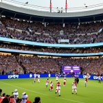 **

A packed stadium during a major sports event. Focus on the vibrant atmosphere: fans cheering, large screens displaying real-time stats, and vendors selling merchandise. In the foreground, highlight fans using a mobile app to access event information and order food. The overall aesthetic should be modern and energetic, showcasing the integration of technology in the fan experience. Consider incorporating Arabic script on signage or banners to reflect the target audience.

**
