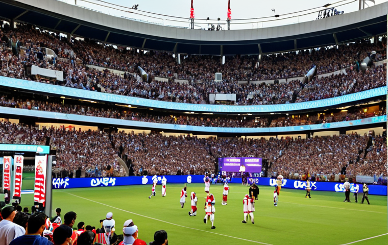 **
A packed stadium during a major sports event. Focus on the vibrant atmosphere: fans cheering, large screens displaying real-time stats, and vendors selling merchandise. In the foreground, highlight fans using a mobile app to access event information and order food. The overall aesthetic should be modern and energetic, showcasing the integration of technology in the fan experience. Consider incorporating Arabic script on signage or banners to reflect the target audience.
**