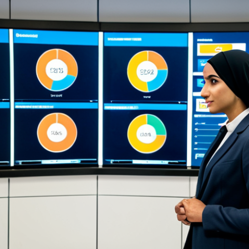 Home 19 A confident Arab professional, either male or female, dressed in a modest business suit, stands in a modern, well-lit sports management control room. They are actively reviewing complex data displayed on a large, high-tech screen, surrounded by multiple monitors showing event analytics and schedules. The setting conveys strategic oversight and efficient operations. Professional photography, high quality, perfect anatomy, correct proportions, natural pose, well-formed hands, proper finger count, natural body proportions, safe for work, appropriate content, fully clothed, professional dress, modest clothing.