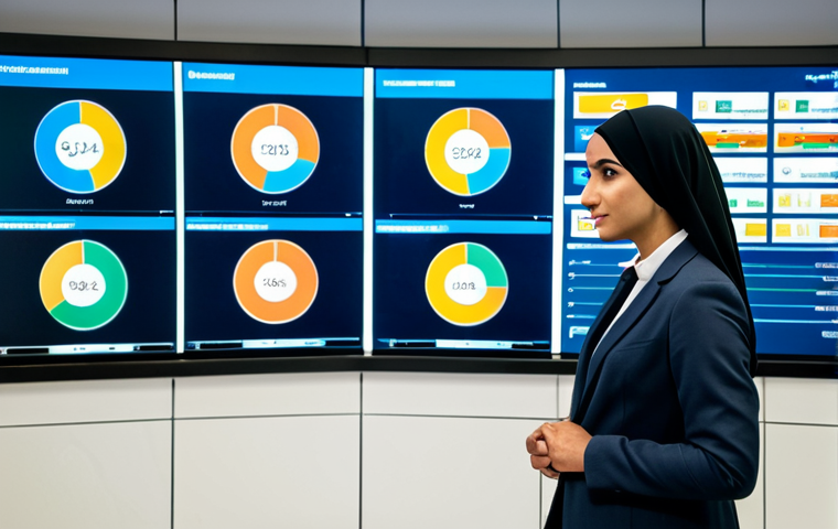 A confident Arab professional, either male or female, dressed in a modest business suit, stands in a modern, well-lit sports management control room. They are actively reviewing complex data displayed on a large, high-tech screen, surrounded by multiple monitors showing event analytics and schedules. The setting conveys strategic oversight and efficient operations. Professional photography, high quality, perfect anatomy, correct proportions, natural pose, well-formed hands, proper finger count, natural body proportions, safe for work, appropriate content, fully clothed, professional dress, modest clothing.