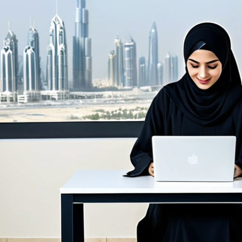 Home 18 **
"A professional Arab businesswoman in a modest, stylish abaya and hijab, working on a laptop in a modern office overlooking Dubai's skyline, fully clothed, appropriate attire, safe for work, perfect anatomy, natural proportions, professional corporate photography, high quality, family-friendly."
**