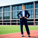 **

"A female sports administrator in a modest, professional business suit, standing confidently in a modern sports complex. Background includes a well-maintained athletic field and modern architecture. Fully clothed, appropriate attire, safe for work, perfect anatomy, natural proportions, professional photography, high quality, family-friendly."

**