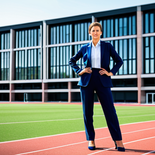 Home 17 **
"A female sports administrator in a modest, professional business suit, standing confidently in a modern sports complex. Background includes a well-maintained athletic field and modern architecture. Fully clothed, appropriate attire, safe for work, perfect anatomy, natural proportions, professional photography, high quality, family-friendly."
**