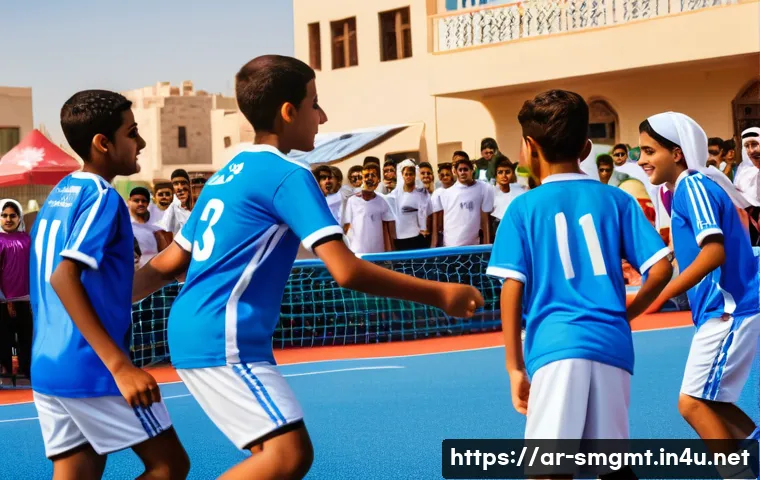 스포츠경영관리사와 지역사회 스포츠 - A vibrant community sports event in an Arab neighborhood, featuring diverse youth teams playing socc...