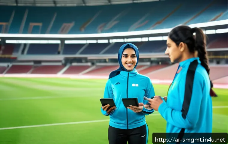 스포츠경영관리사 업무 사례 분석 - A dynamic sports team training session in a modern Middle Eastern stadium, featuring male and female...