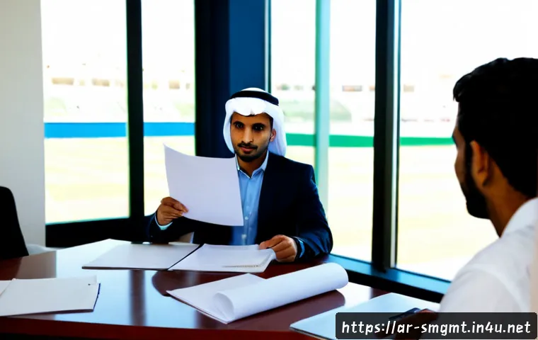 스포츠경영관리사 면접 질문과 답변 - Photorealistic sports management job interview in a modern Middle Eastern sports club office, confid...