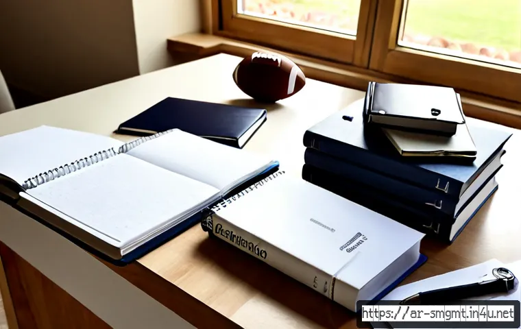 스포츠경영관리사 필수 서적 추천 - Photorealistic study desk for a sports management certification candidate in an Arabic-speaking Gulf...